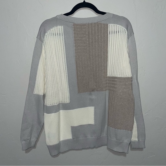 Lafayette 148 Patchwork Neutral Cotton Crewneck Sweater - Picture 2 of 5